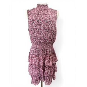 1.STATE Womens Large Pink Floral Smocked Mock Neck Tiered Ruffle Mini Dress